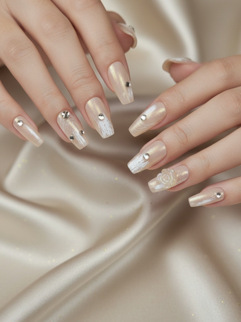 Pearlescent Nude Mocyne New Press-On Nails with White Tips and Crystal Accents